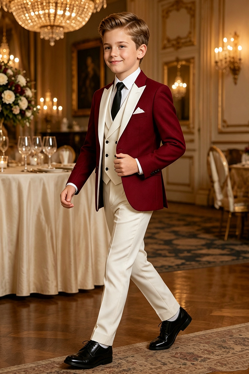 Boys Burgundy?Ivory Contrast Tuxedo with Shawl Lapel 3-Piece Suit for Weddings