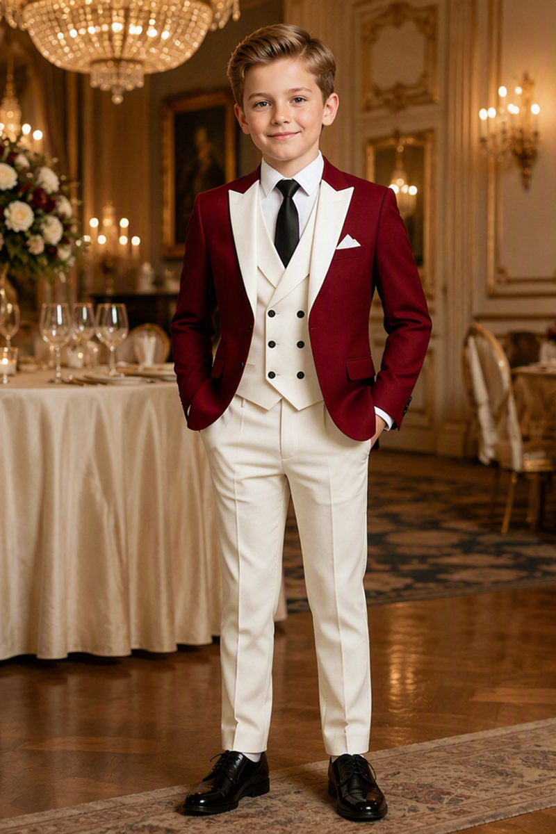 Boys Burgundy?Ivory Contrast Tuxedo with Shawl Lapel 3-Piece Suit for Weddings