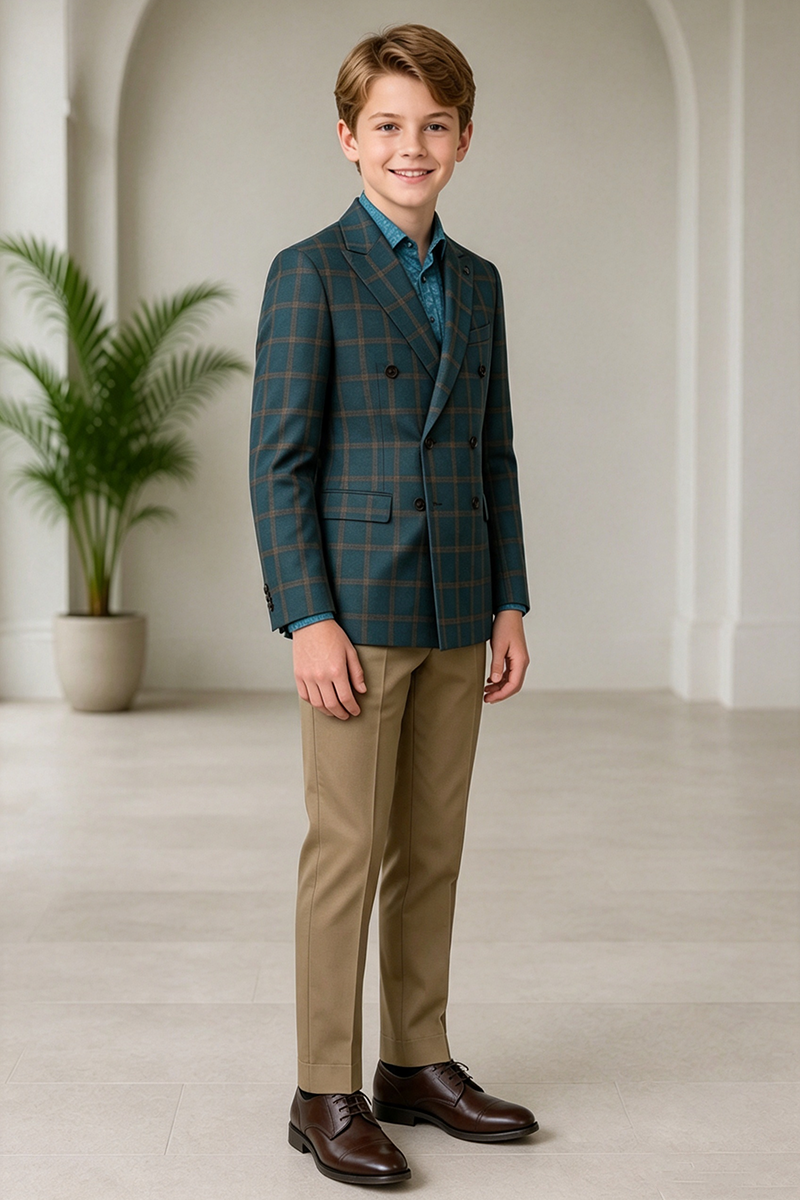 Boys Teal Plaid Double?Breasted with Notch Lapel 2-Piece Suit for Weddings