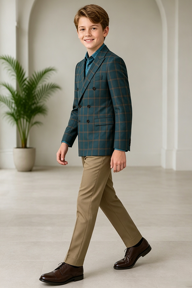 Boys Teal Plaid Double?Breasted with Notch Lapel 2-Piece Suit for Weddings