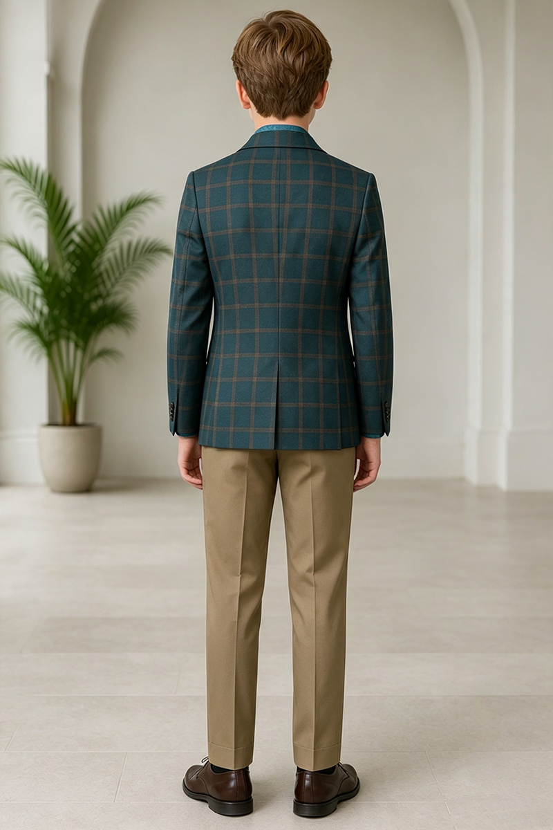 Boys Teal Plaid Double?Breasted with Notch Lapel 2-Piece Suit for Weddings