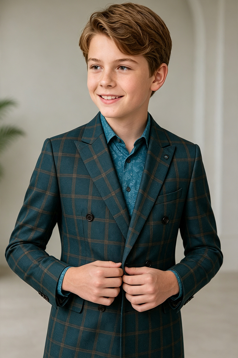 Boys Teal Plaid Double?Breasted with Notch Lapel 2-Piece Suit for Weddings
