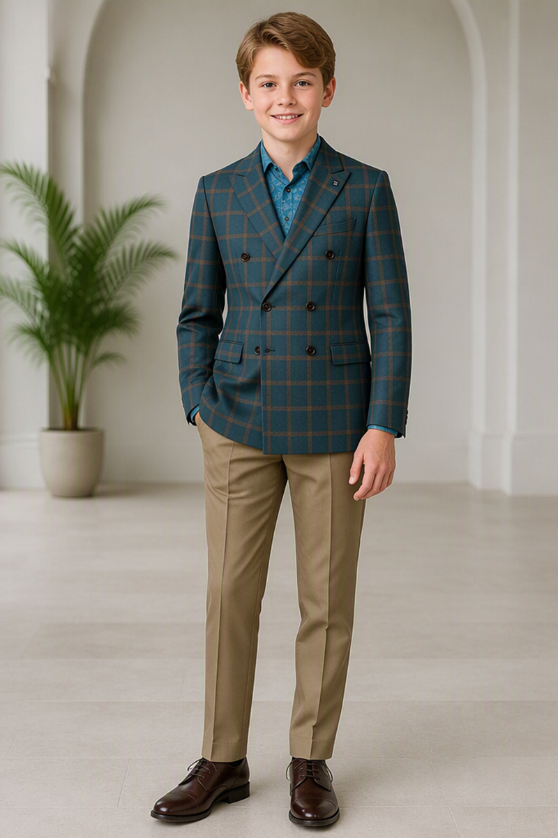 Boys Teal Plaid Double?Breasted with Notch Lapel 2-Piece Suit for Weddings
