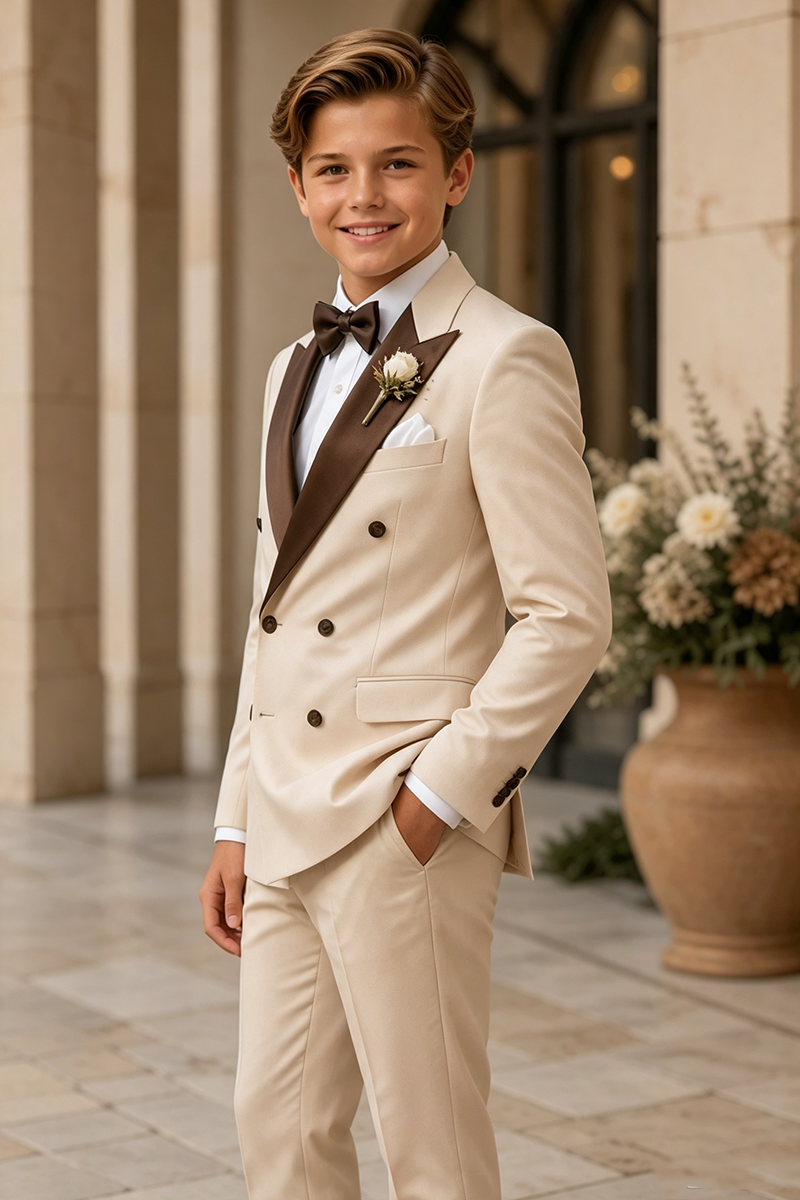 Boys Beige Double?Breasted Tuxedo with Brown Shawl Lapel for Weddings