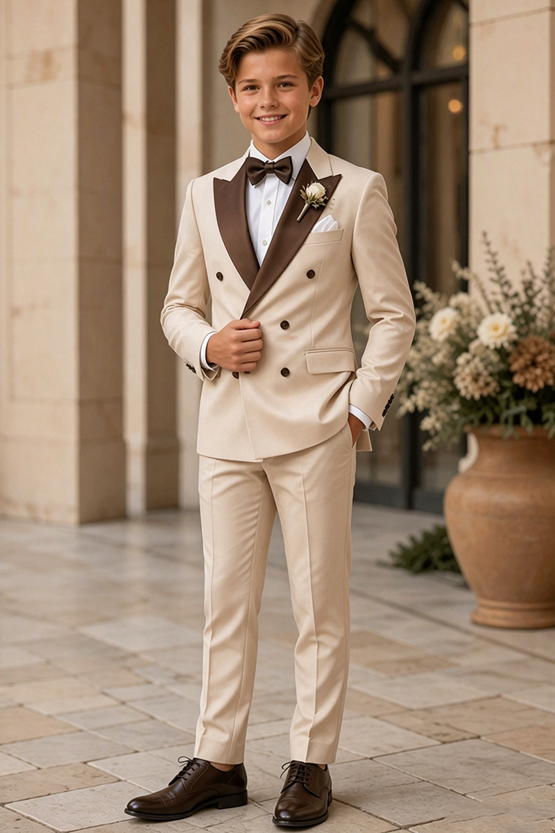 Boys Beige Double?Breasted Tuxedo with Brown Shawl Lapel for Weddings