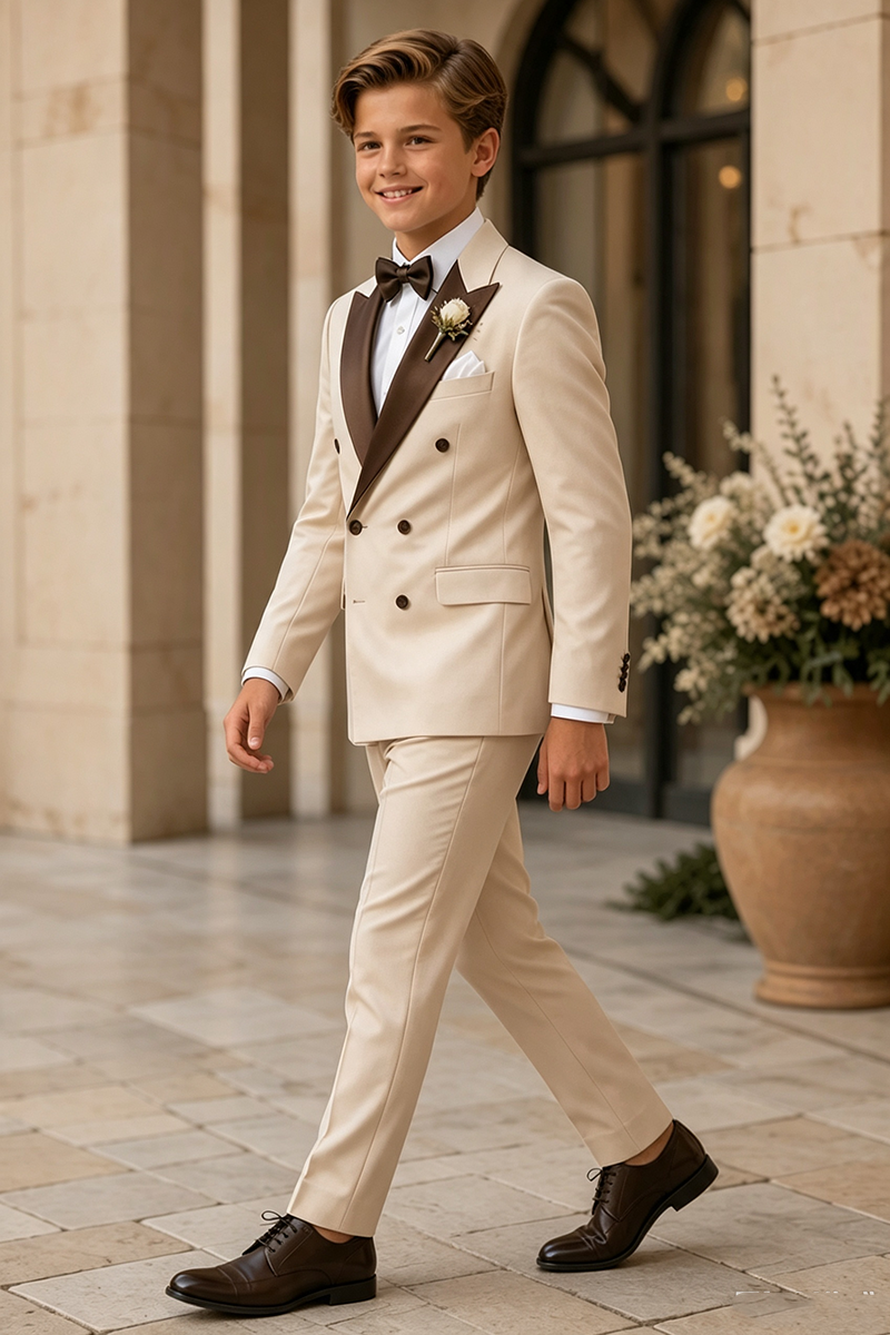 Boys Beige Double?Breasted Tuxedo with Brown Shawl Lapel for Weddings