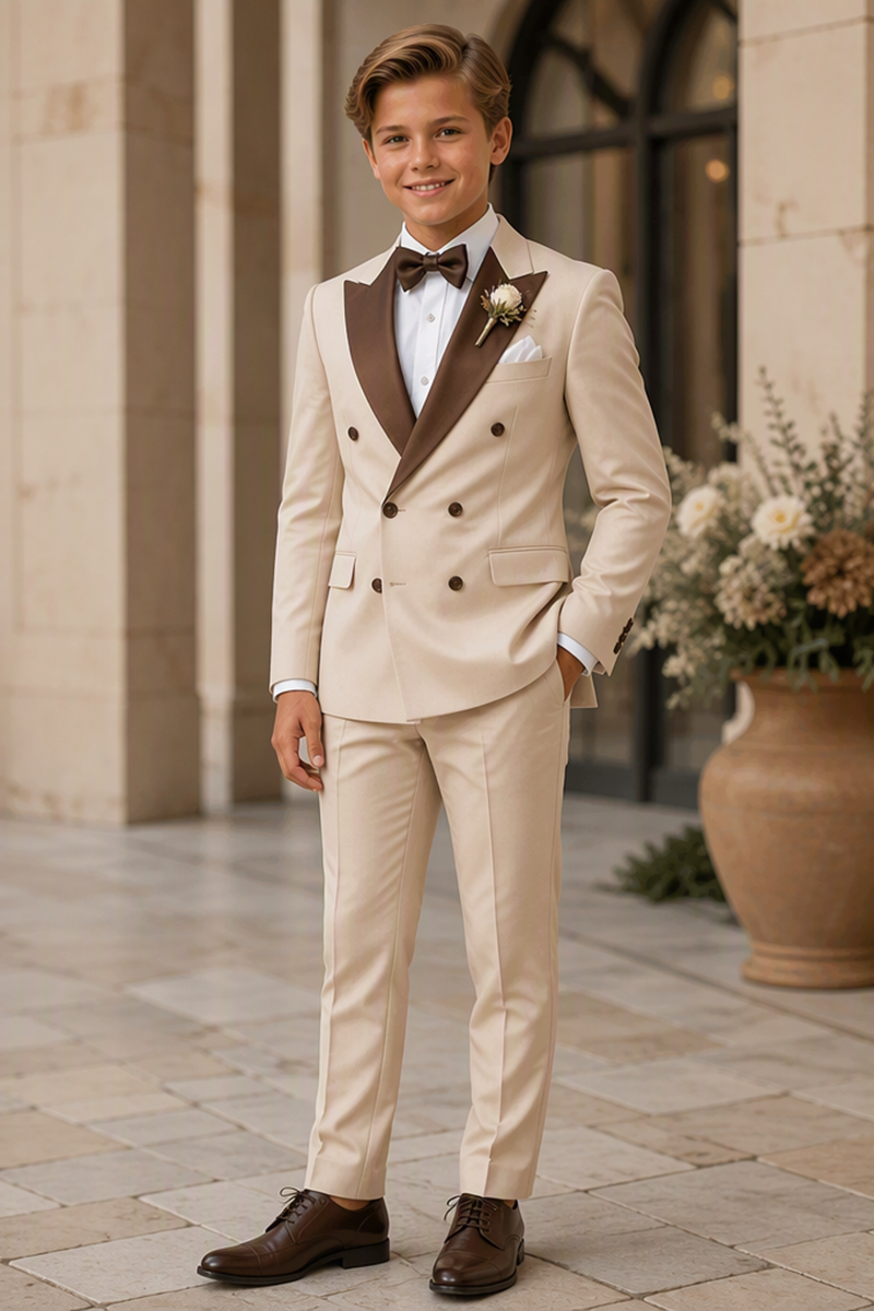 Boys Beige Double?Breasted Tuxedo with Brown Shawl Lapel for Weddings