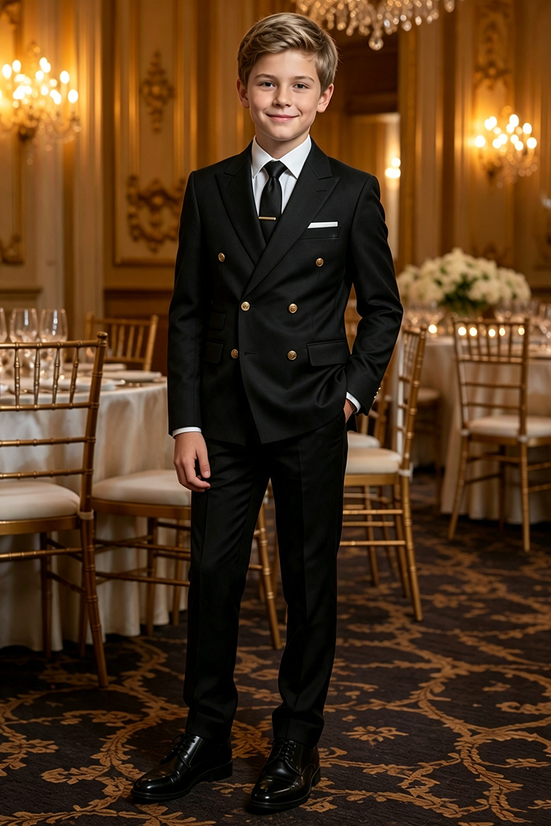 Boys Black Double?Breasted Tuxedo with Notch Lapel 2-Piece Suit for Weddings