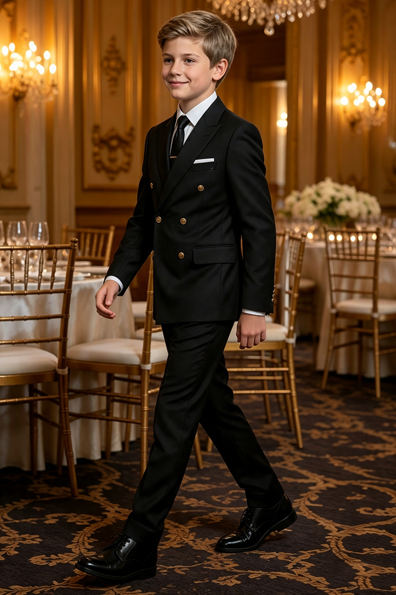 Boys Black Double?Breasted Tuxedo with Notch Lapel 2-Piece Suit for Weddings