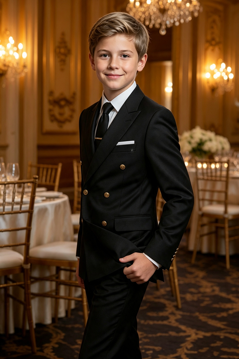 Boys Black Double?Breasted Tuxedo with Notch Lapel 2-Piece Suit for Weddings