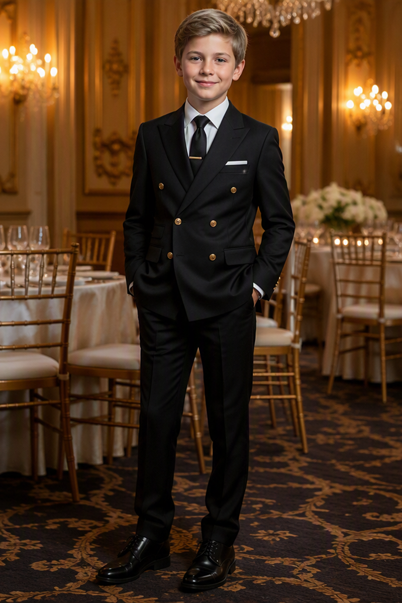 Boys Black Double?Breasted Tuxedo with Notch Lapel 2-Piece Suit for Weddings