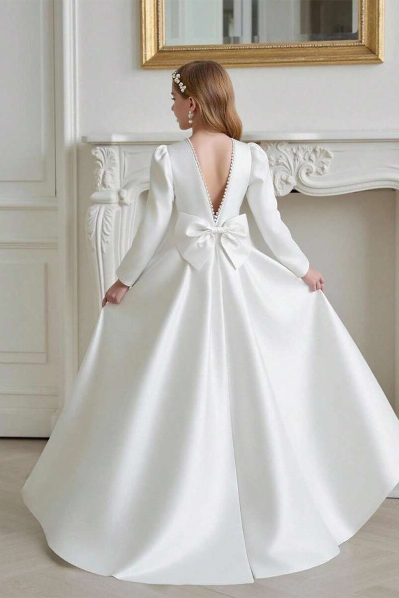 Girls White Satin Long‑Sleeve Flower Girl Dress for Weddings with Bow Back Detail