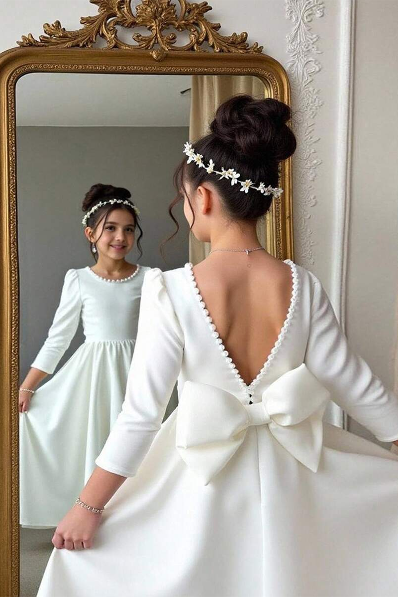 Girls White Satin Long‑Sleeve Flower Girl Dress for Weddings with Bow Back Detail