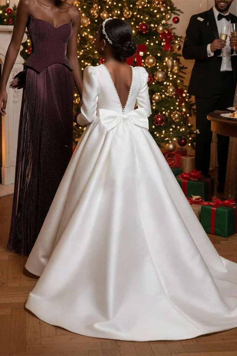 Girls White Satin Long‑Sleeve Flower Girl Dress for Weddings with Bow Back Detail