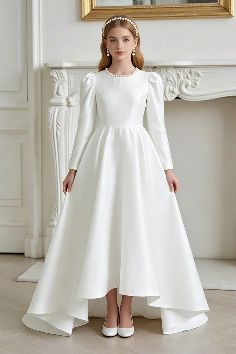 Girls White Satin Long‑Sleeve Flower Girl Dress for Weddings with Bow Back Detail