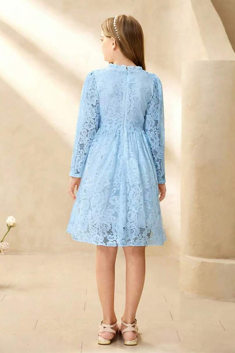 Girls Light‑Blue Lace Long‑Sleeve Flower Girl Dress for Weddings with Ruffled Neckline