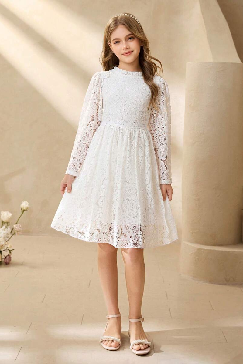 Girls Light‑Blue Lace Long‑Sleeve Flower Girl Dress for Weddings with Ruffled Neckline