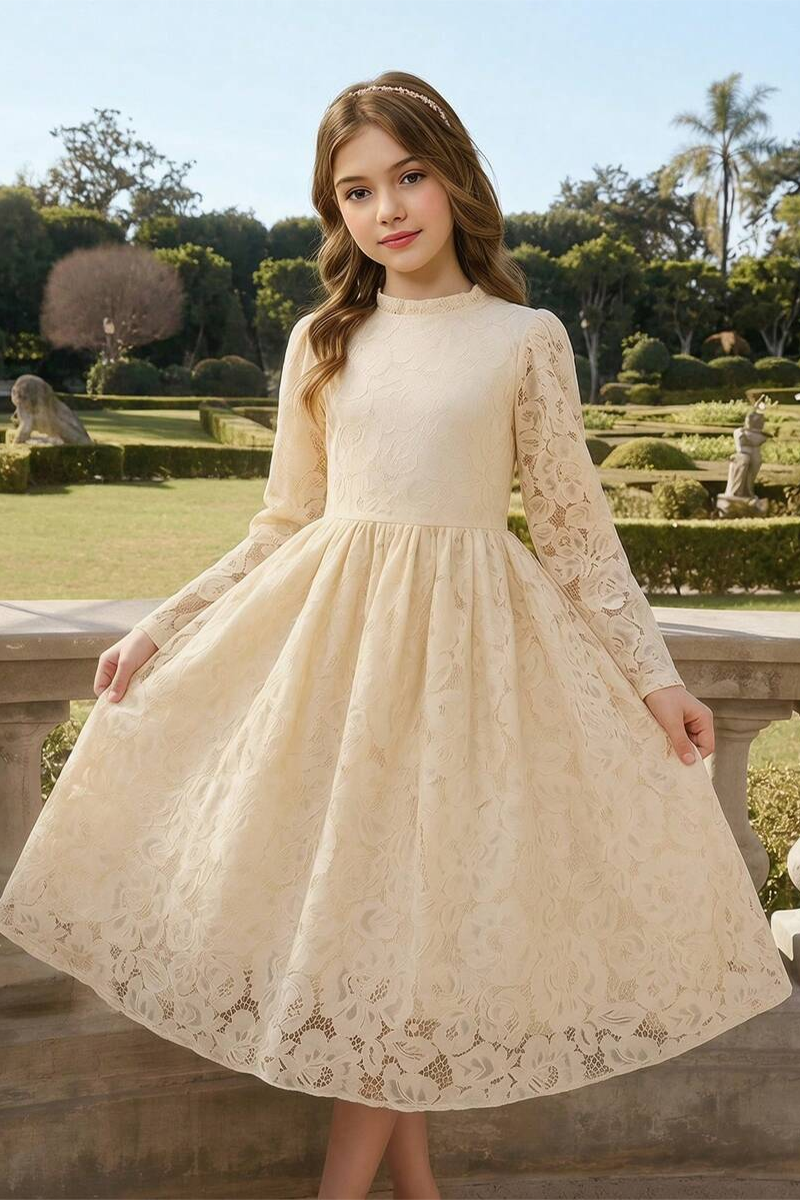 Girls Light‑Blue Lace Long‑Sleeve Flower Girl Dress for Weddings with Ruffled Neckline