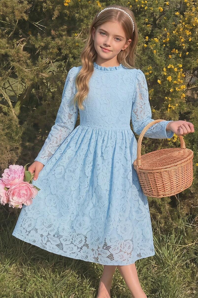 Girls Light‑Blue Lace Long‑Sleeve Flower Girl Dress for Weddings with Ruffled Neckline