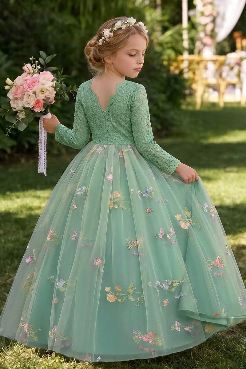 Girls Sage‑Green Lace Long‑Sleeve Flower Girl Dress for Weddings with Floral Embroidered Tulle Skirt