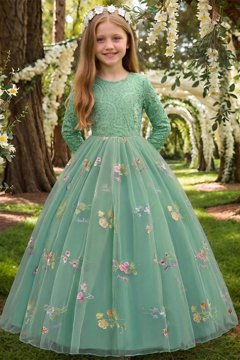 Girls Sage‑Green Lace Long‑Sleeve Flower Girl Dress for Weddings with Floral Embroidered Tulle Skirt