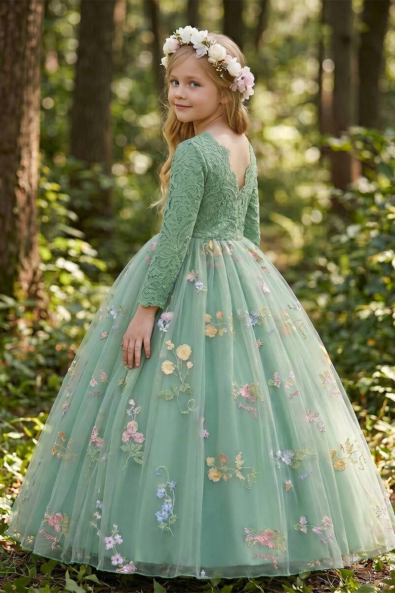 Girls Sage‑Green Lace Long‑Sleeve Flower Girl Dress for Weddings with Floral Embroidered Tulle Skirt