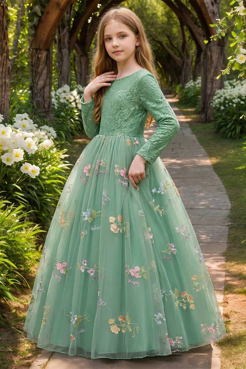 Girls Sage‑Green Lace Long‑Sleeve Flower Girl Dress for Weddings with Floral Embroidered Tulle Skirt