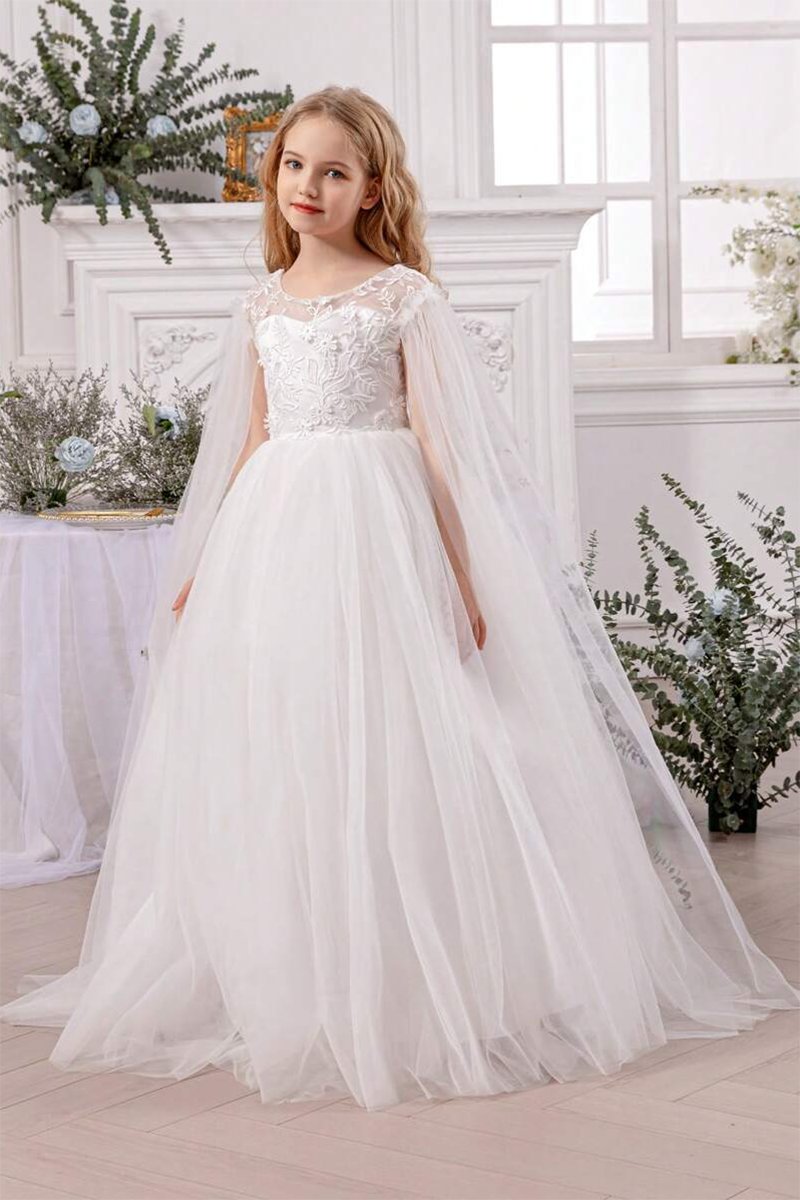 Girls Light‑Blue Lace Tulle Flower Girl Dress for Weddings with Detachable Cape and Bow Back  ### Product Description