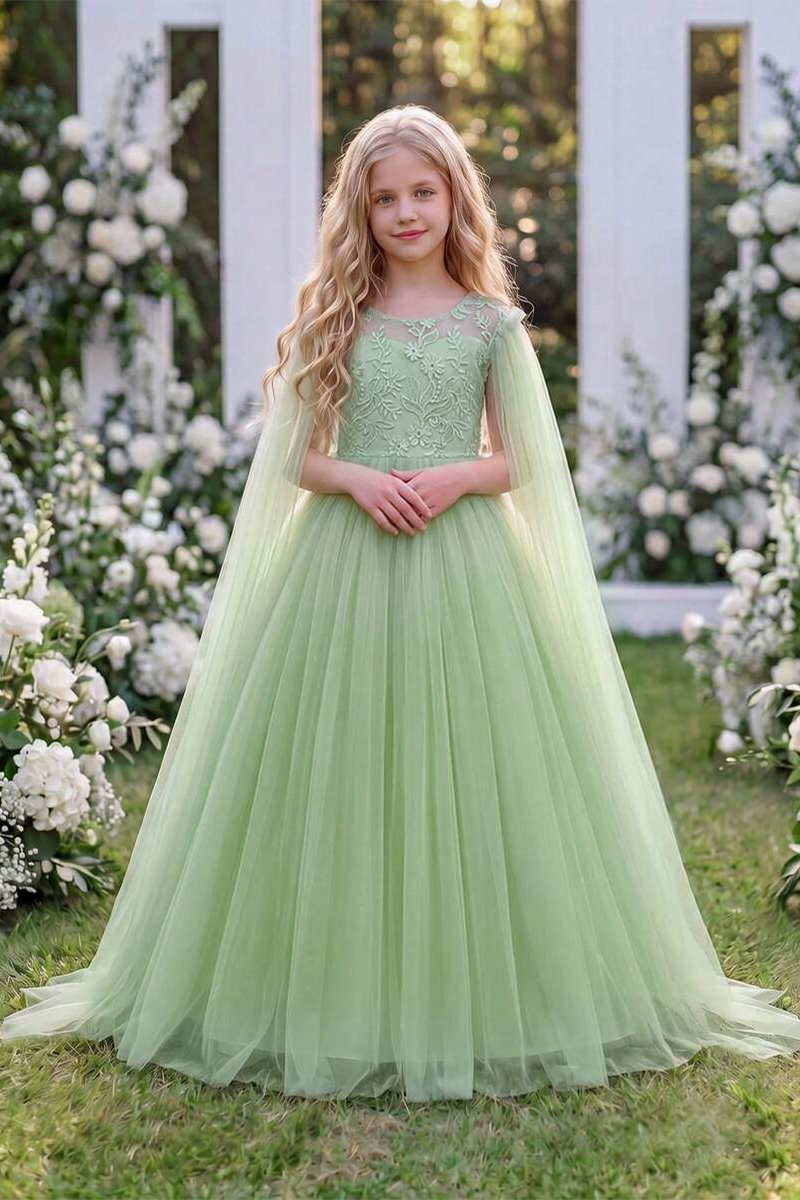 Girls Light‑Blue Lace Tulle Flower Girl Dress for Weddings with Detachable Cape and Bow Back  ### Product Description