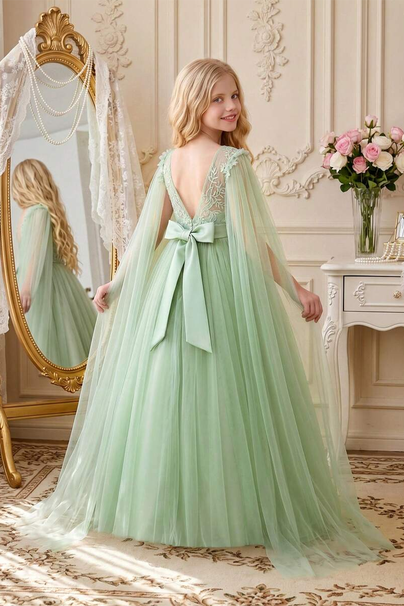 Girls Light‑Blue Lace Tulle Flower Girl Dress for Weddings with Detachable Cape and Bow Back  ### Product Description