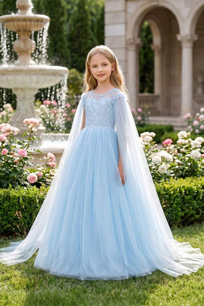 Girls Light‑Blue Lace Tulle Flower Girl Dress for Weddings with Detachable Cape and Bow Back  ### Product Description