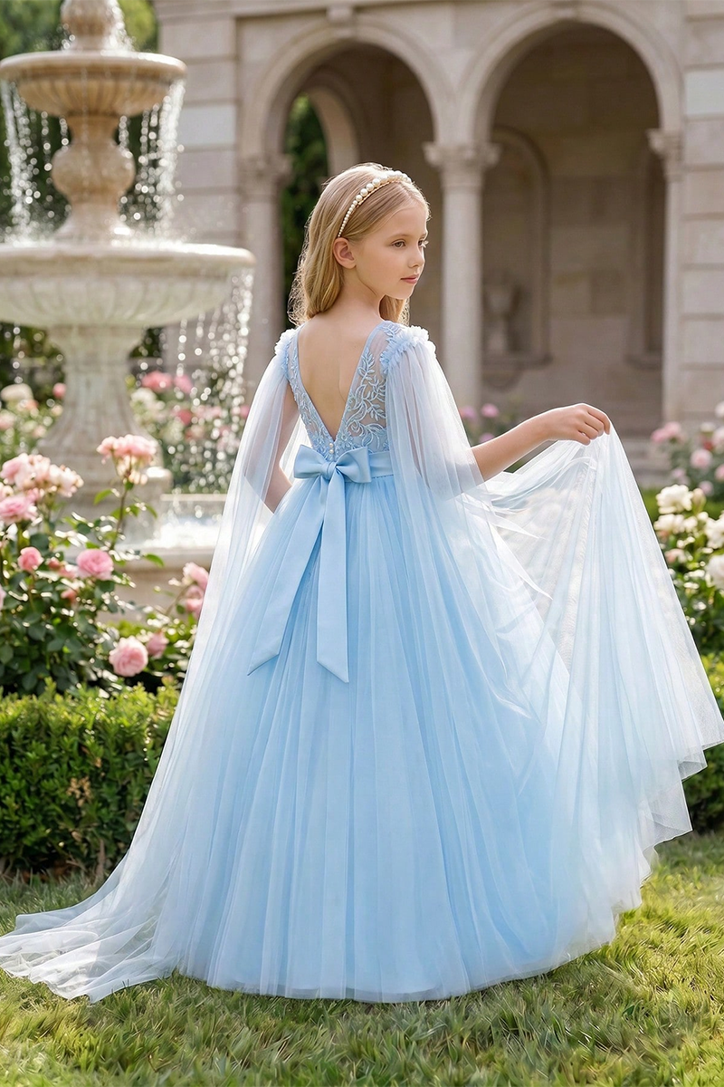 Girls Light‑Blue Lace Tulle Flower Girl Dress for Weddings with Detachable Cape and Bow Back  ### Product Description