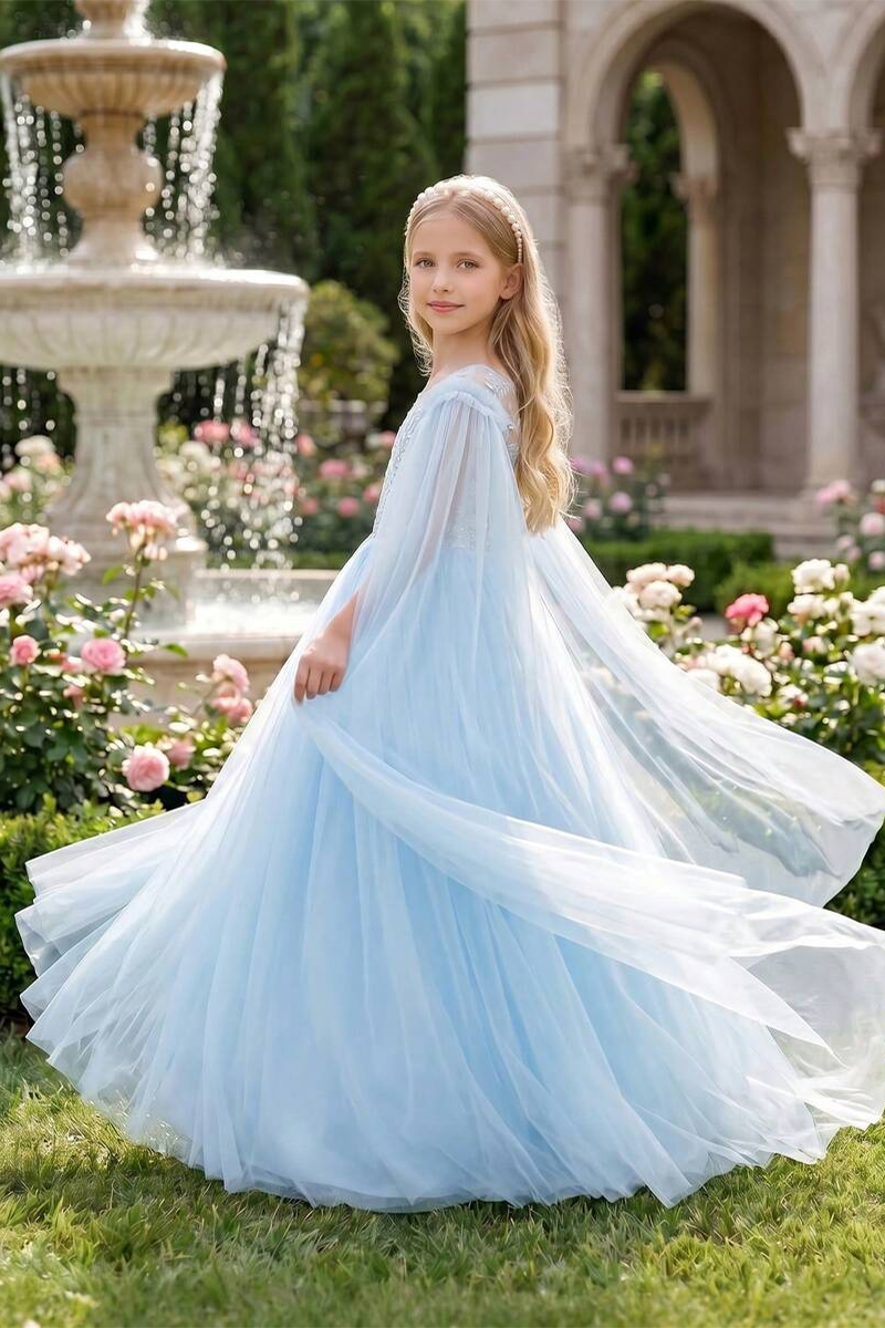 Girls Light‑Blue Lace Tulle Flower Girl Dress for Weddings with Detachable Cape and Bow Back  ### Product Description
