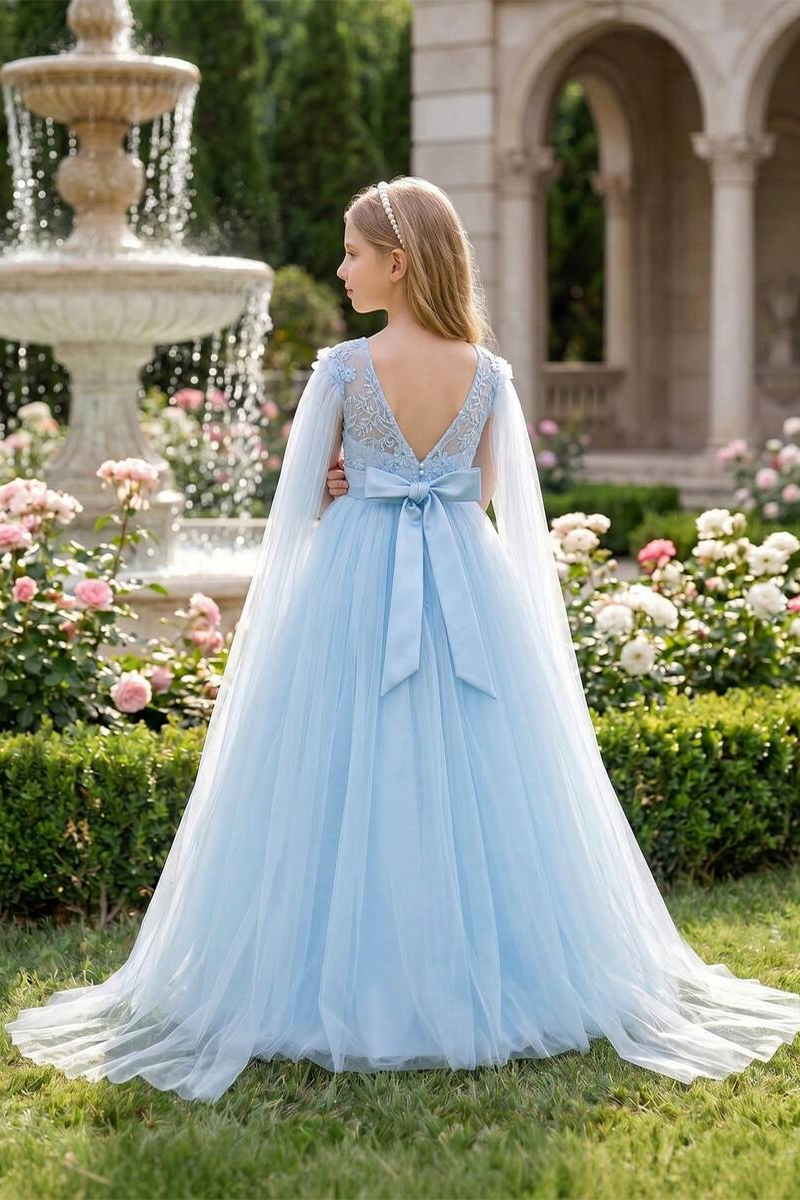 Girls Light‑Blue Lace Tulle Flower Girl Dress for Weddings with Detachable Cape and Bow Back  ### Product Description