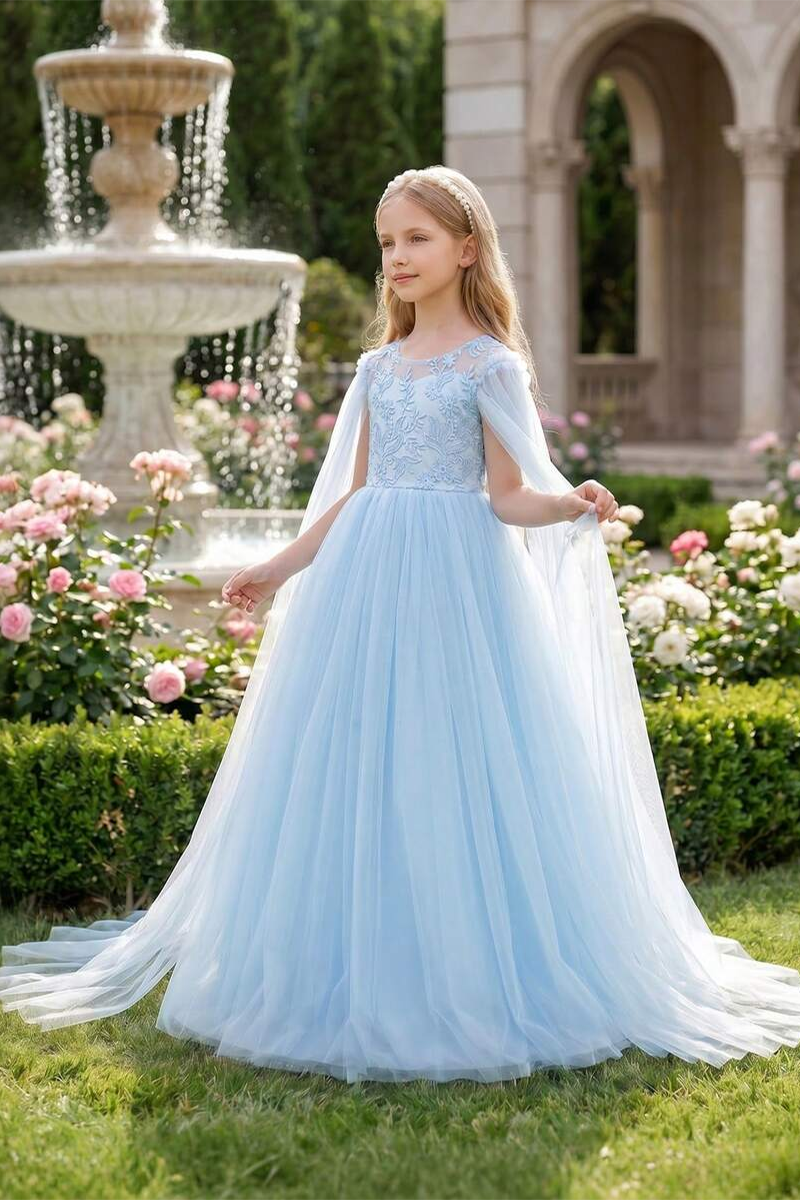 Girls Light‑Blue Lace Tulle Flower Girl Dress for Weddings with Detachable Cape and Bow Back  ### Product Description