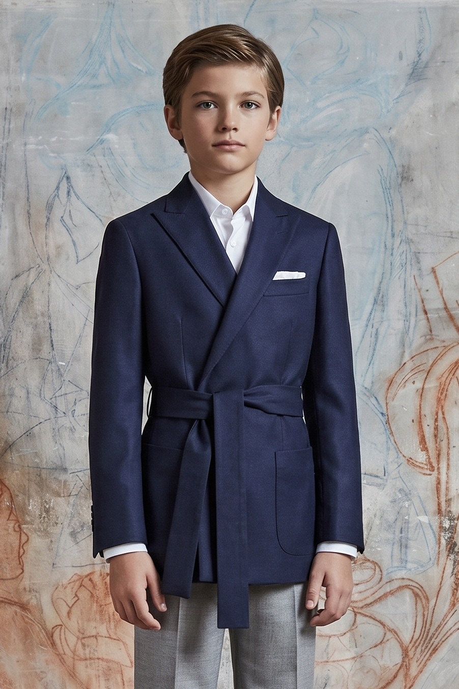Navy Serge‑Blend Wrap Belted Cinched‑Waist Formal Blazer