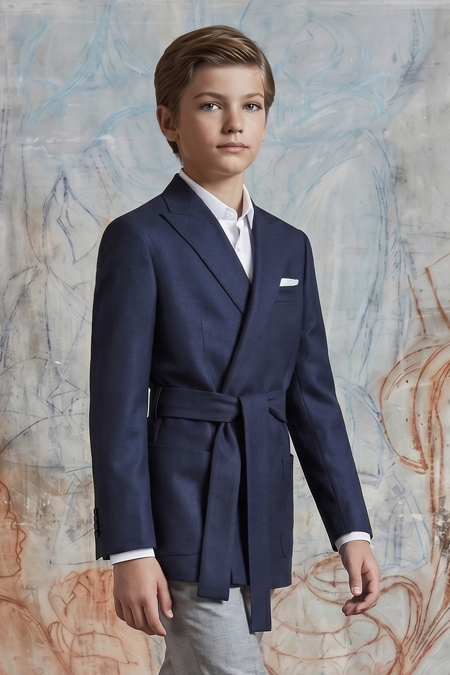 Navy Serge‑Blend Wrap Belted Cinched‑Waist Formal Blazer