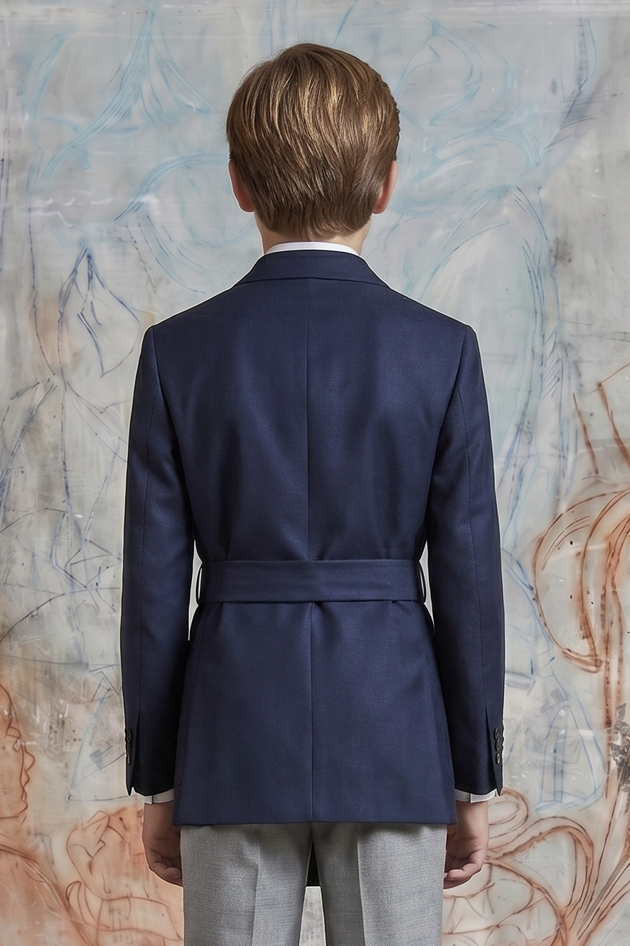 Navy Serge‑Blend Wrap Belted Cinched‑Waist Formal Blazer