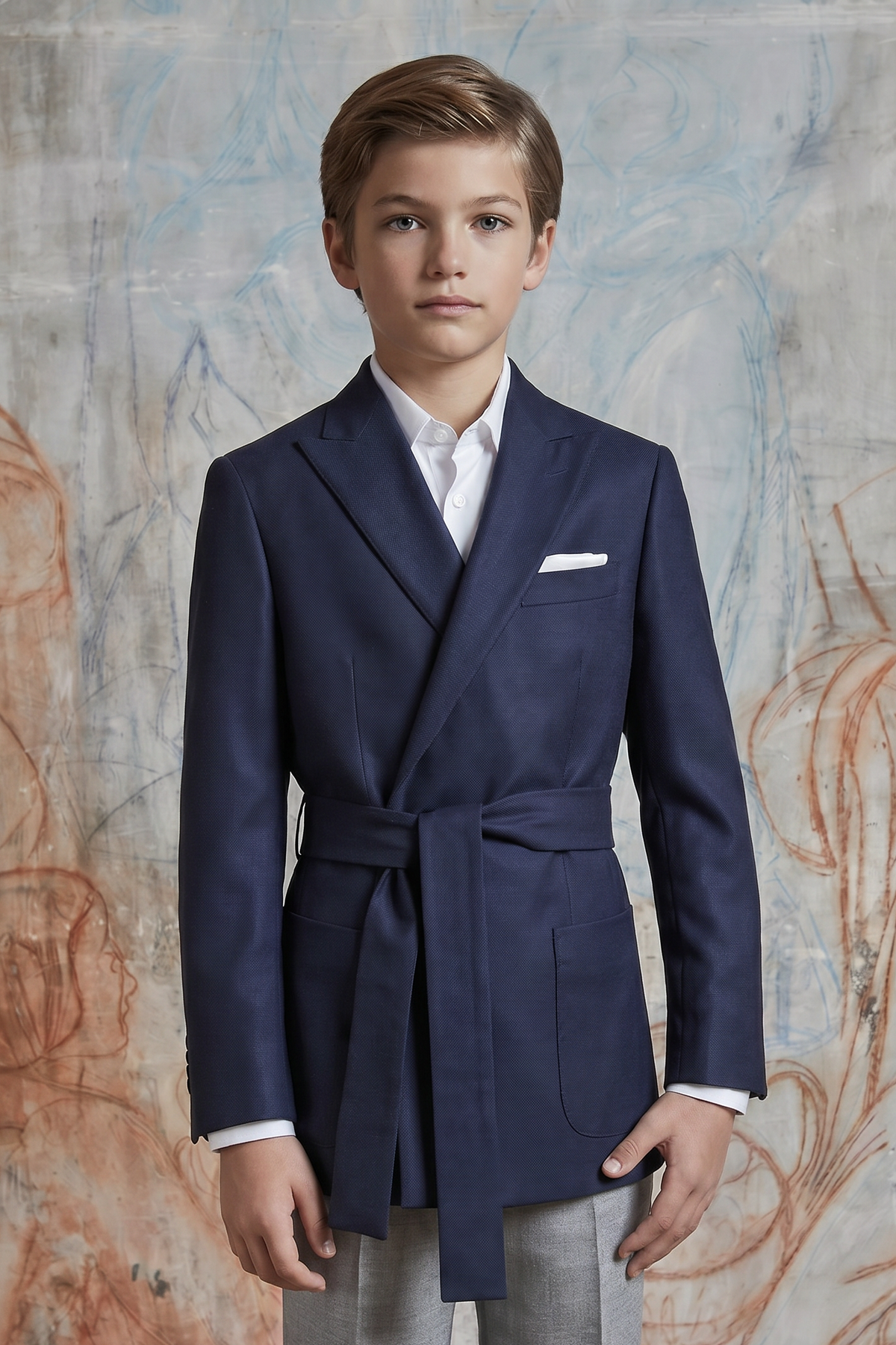 Navy Serge‑Blend Wrap Belted Cinched‑Waist Formal Blazer