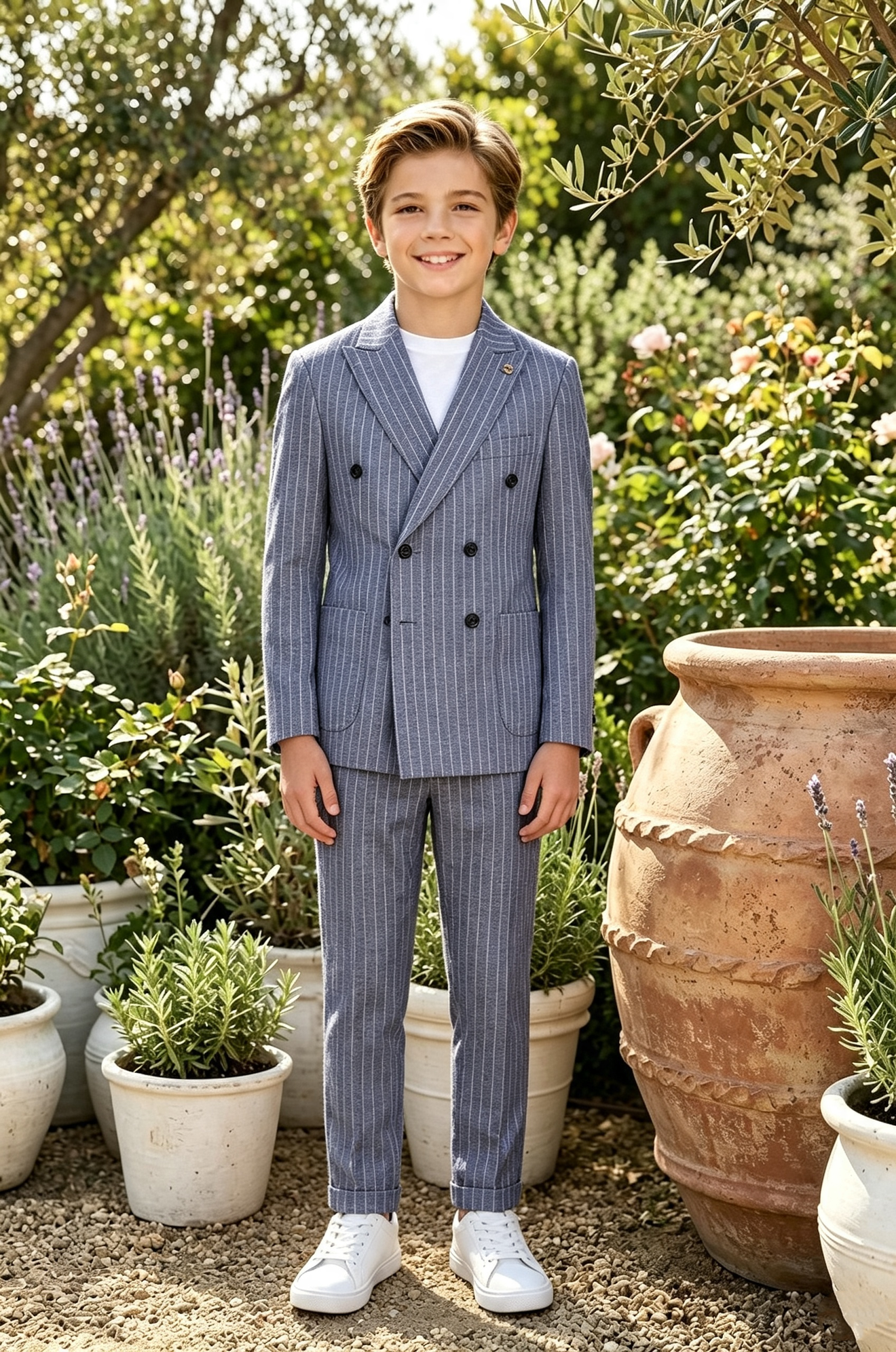 Blue‑Grey Pinstripe Serge‑Blend Double‑Breasted Formal 2‑Piece Suit