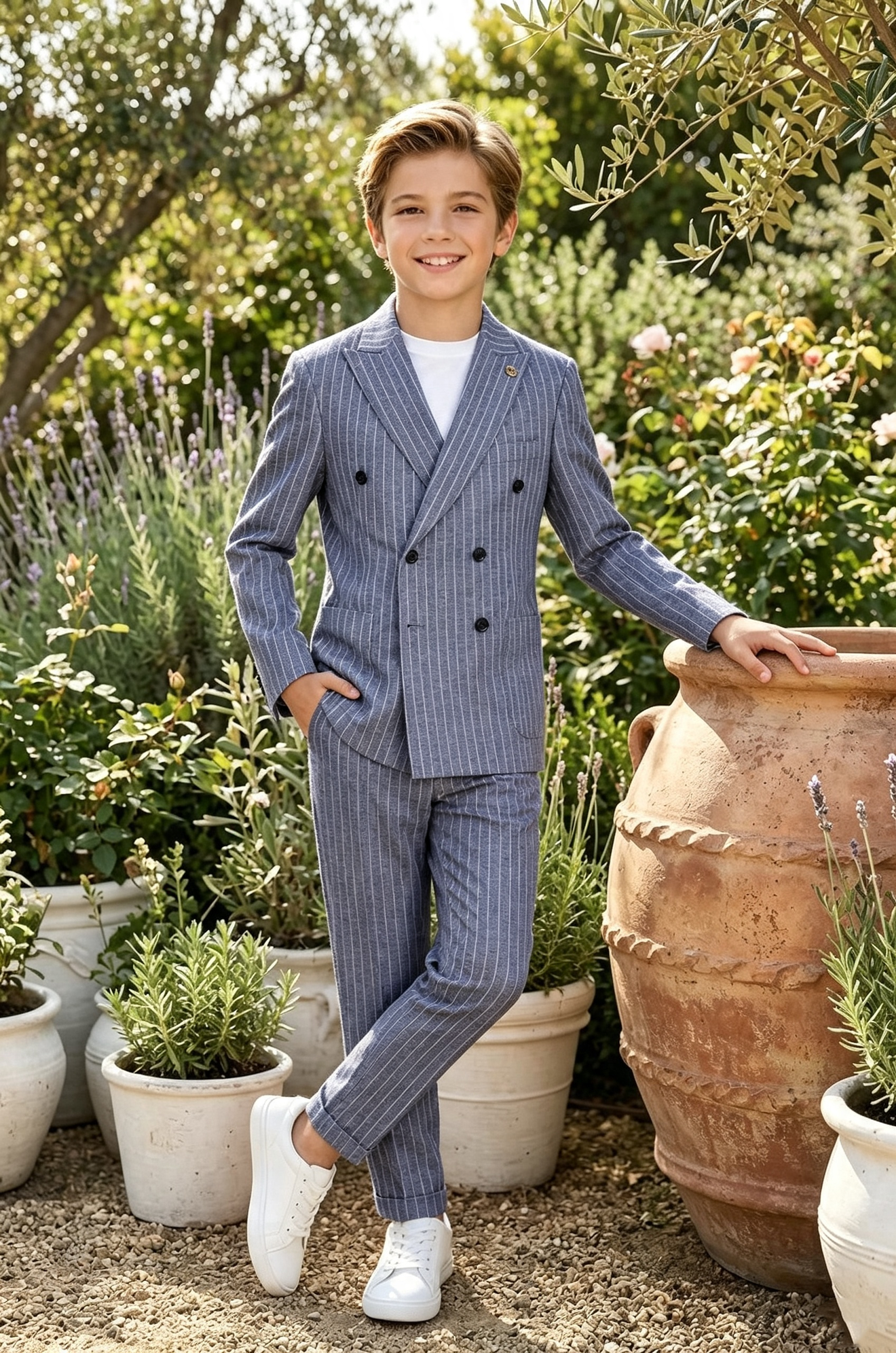 Blue‑Grey Pinstripe Serge‑Blend Double‑Breasted Formal 2‑Piece Suit