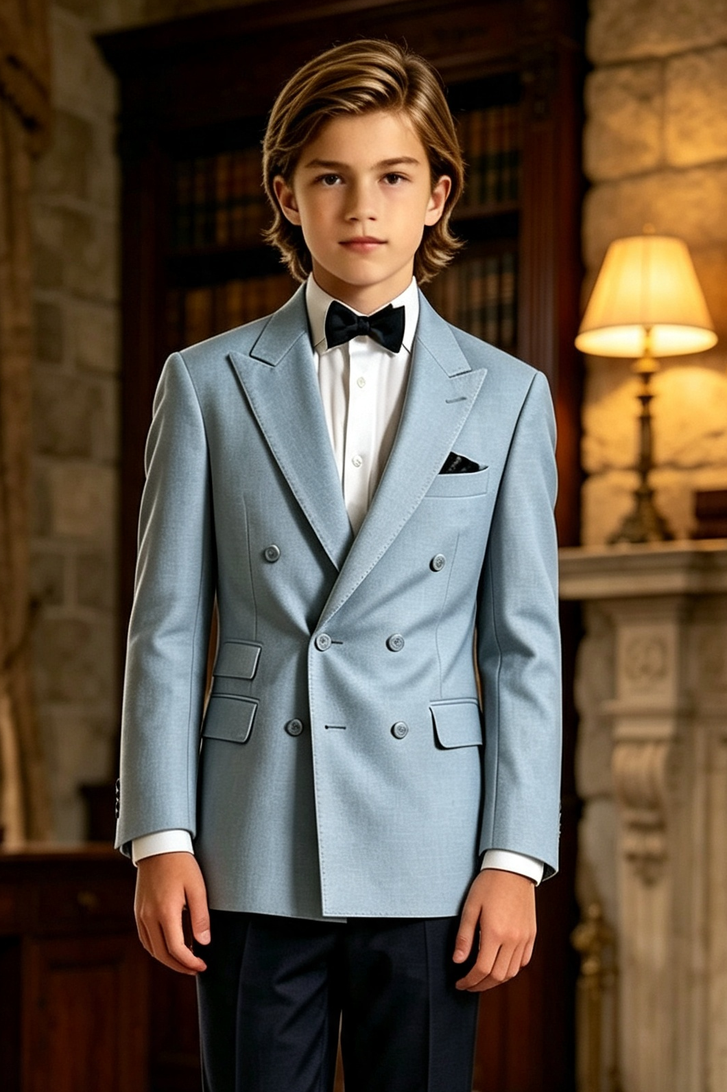 Haze‑Blue Contrast Serge‑Blend Double‑Breasted Formal 2‑Piece Suit