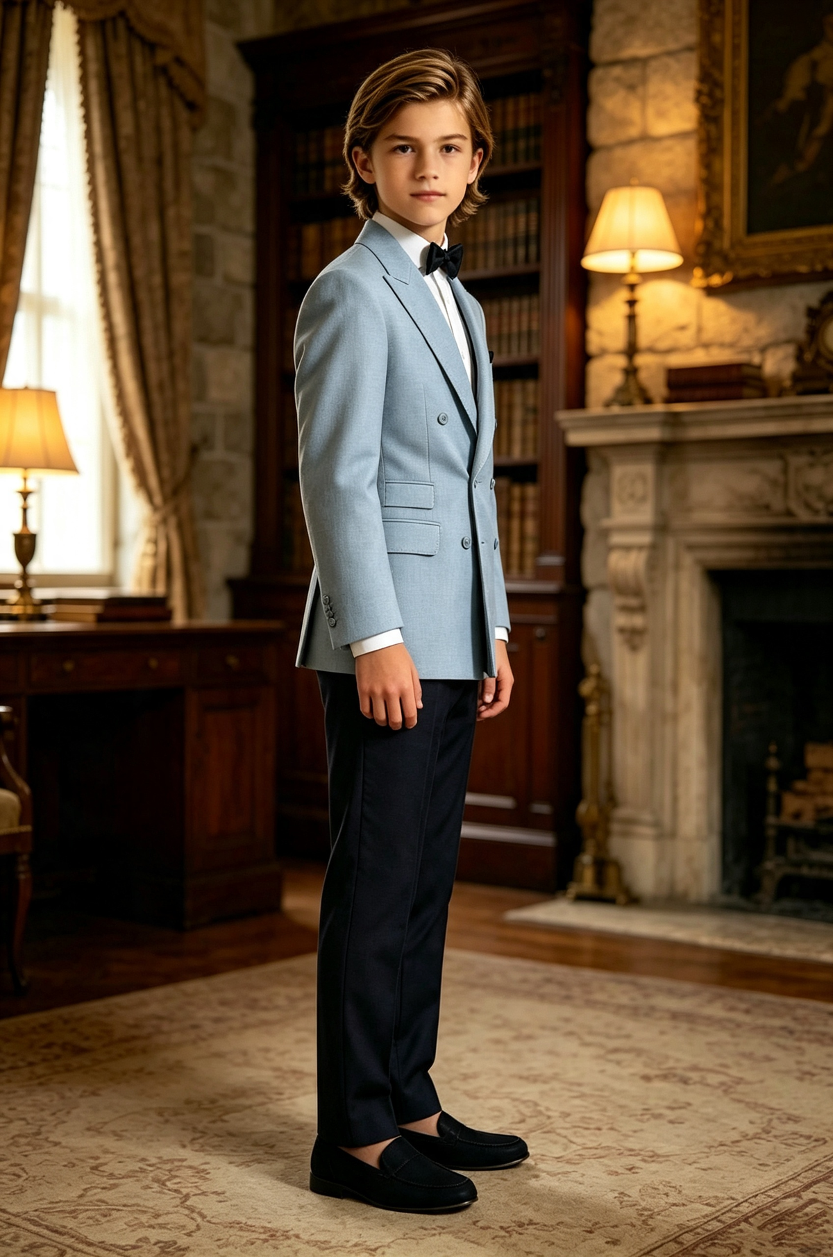 Haze‑Blue Contrast Serge‑Blend Double‑Breasted Formal 2‑Piece Suit