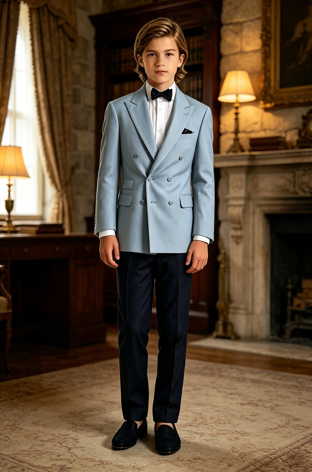 Haze‑Blue Contrast Serge‑Blend Double‑Breasted Formal 2‑Piece Suit