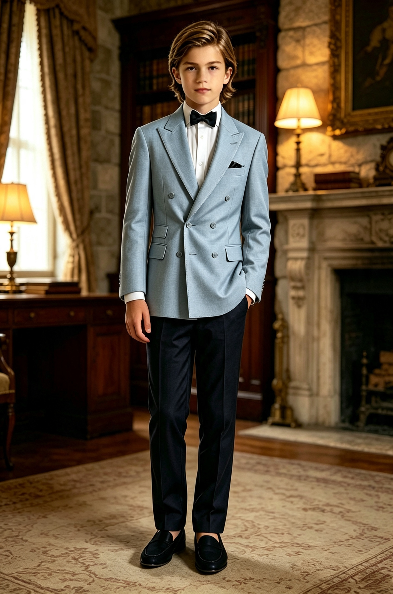 Haze‑Blue Contrast Serge‑Blend Double‑Breasted Formal 2‑Piece Suit