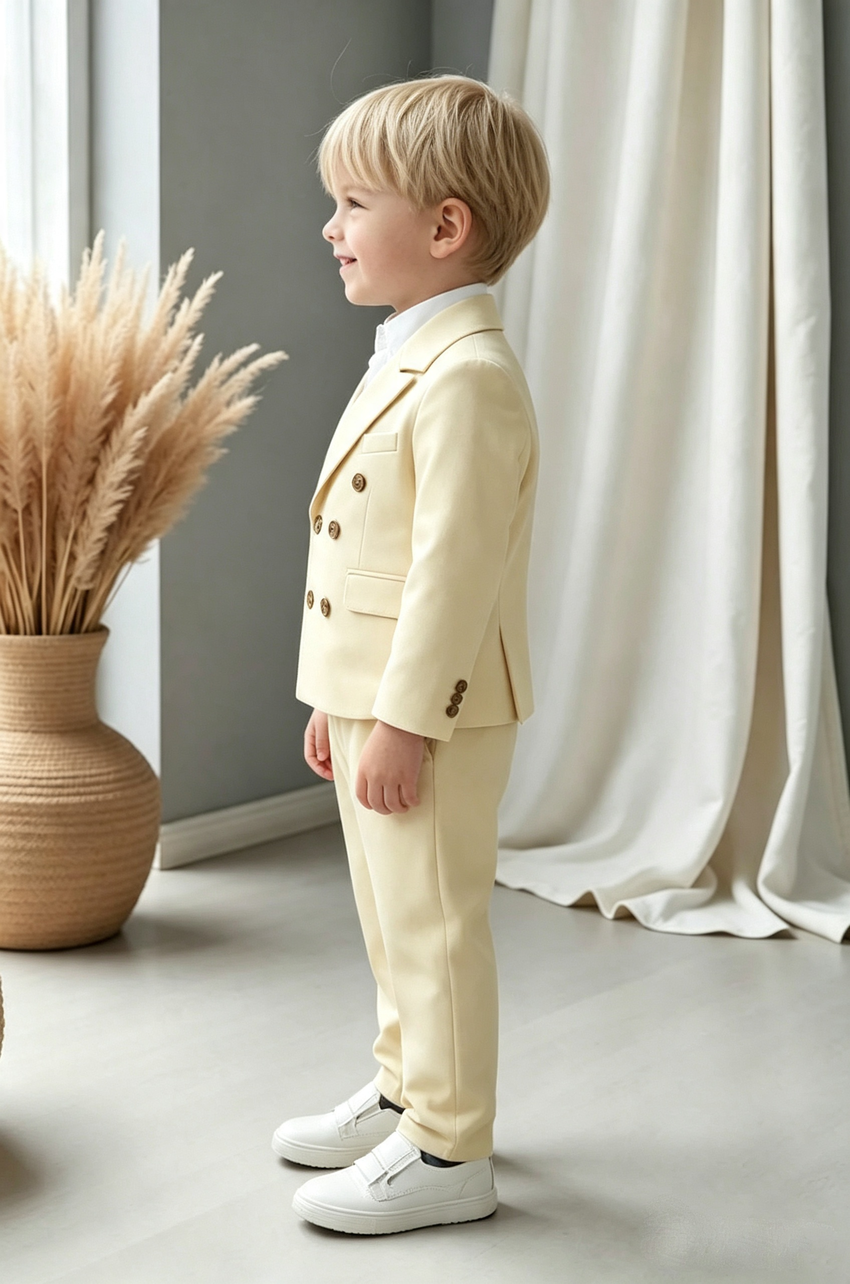 Pale Yellow Serge‑Blend Double‑Breasted Formal 2‑Piece Suit