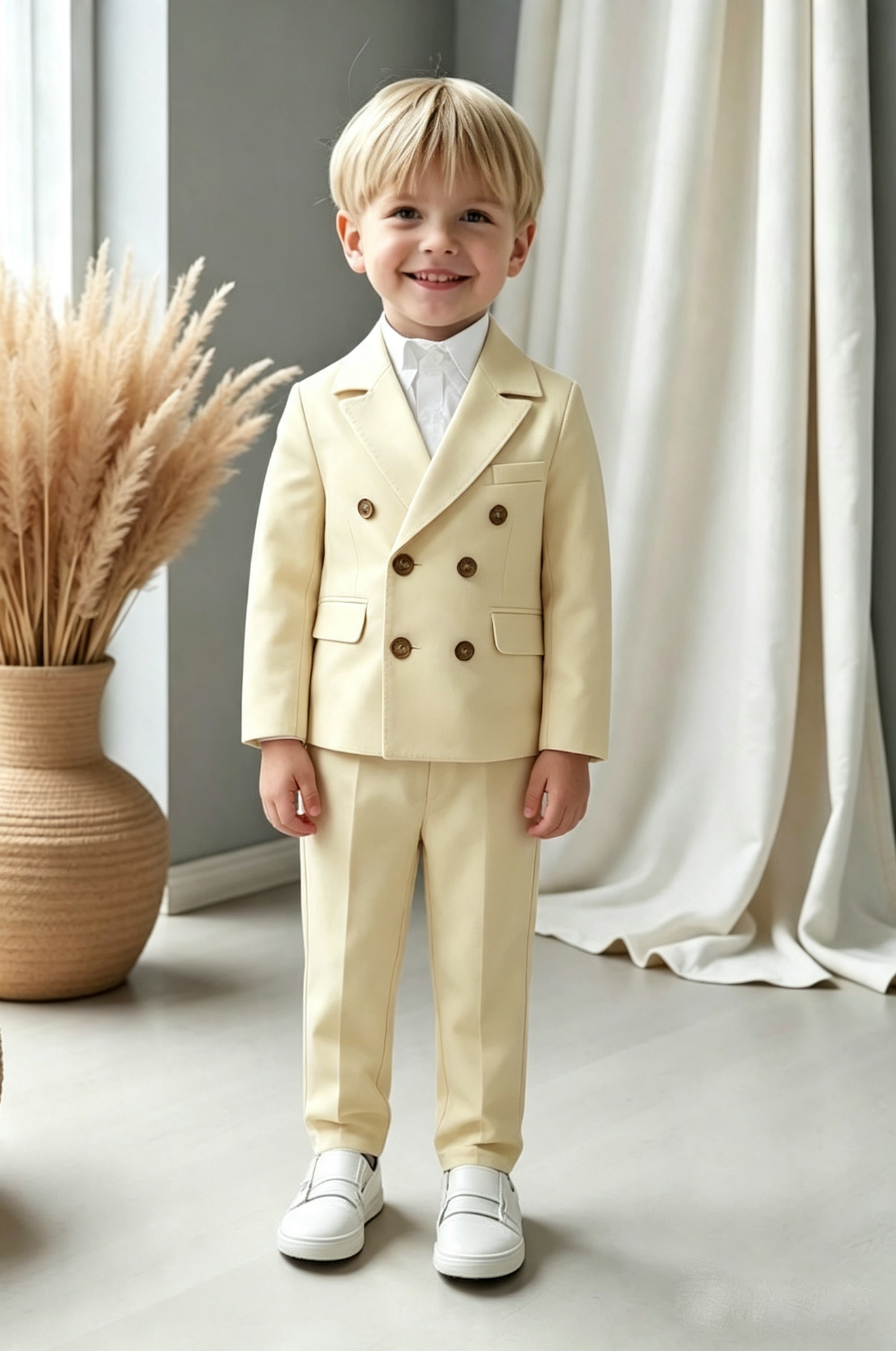 Pale Yellow Serge‑Blend Double‑Breasted Formal 2‑Piece Suit