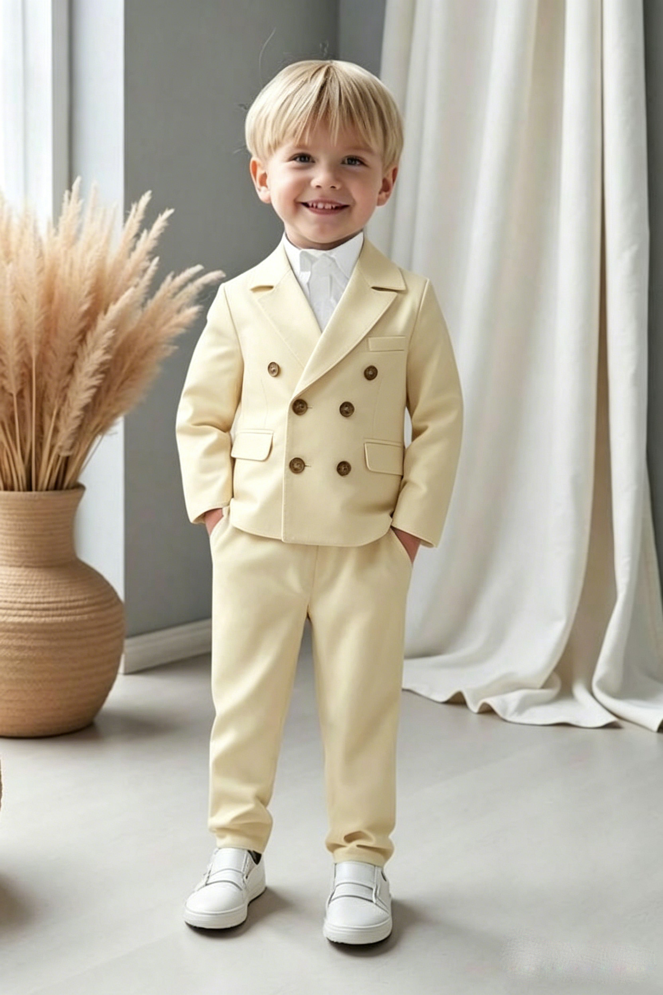 Pale Yellow Serge‑Blend Double‑Breasted Formal 2‑Piece Suit
