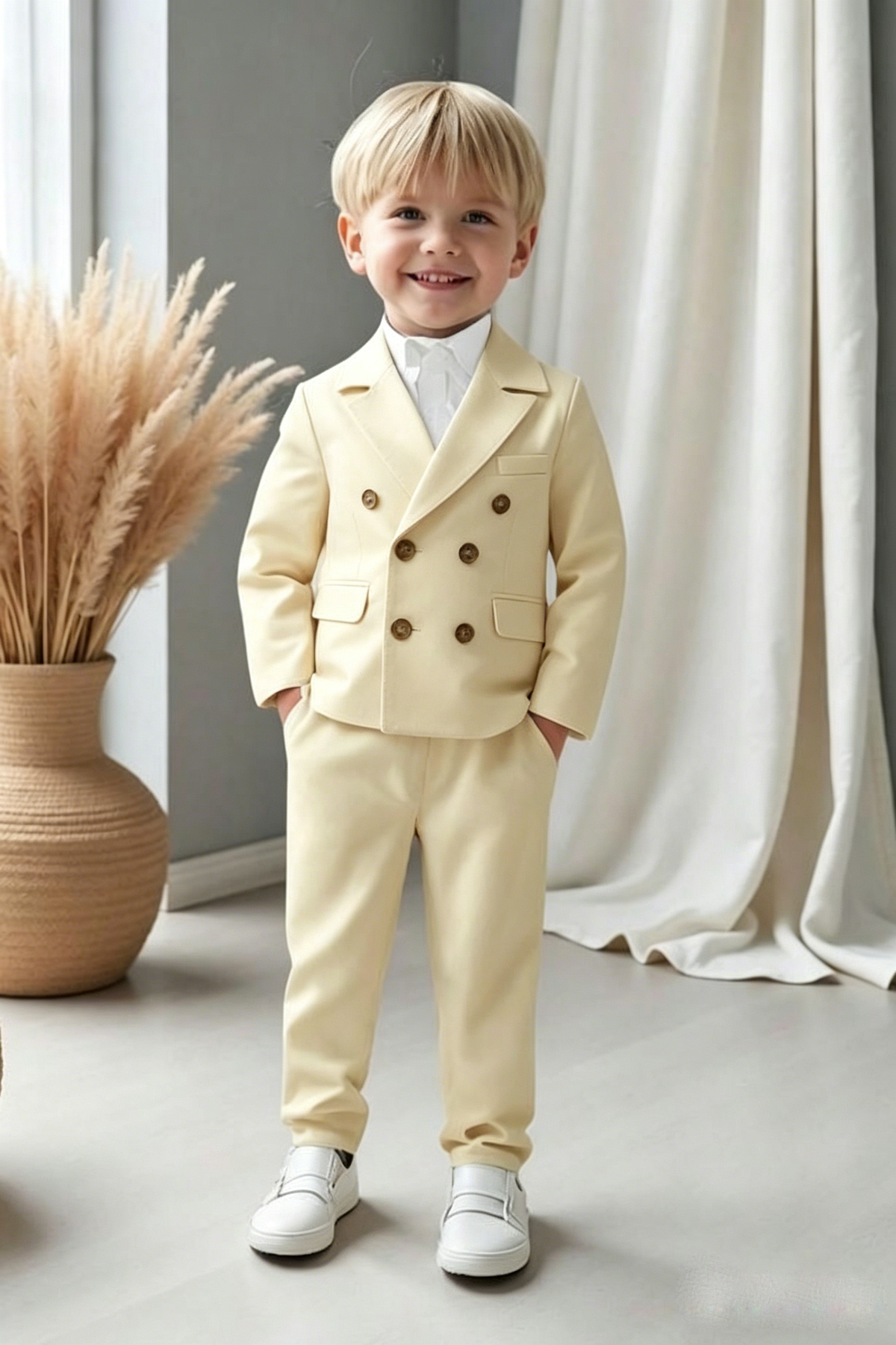 Pale Yellow Serge‑Blend Double‑Breasted Formal 2‑Piece Suit