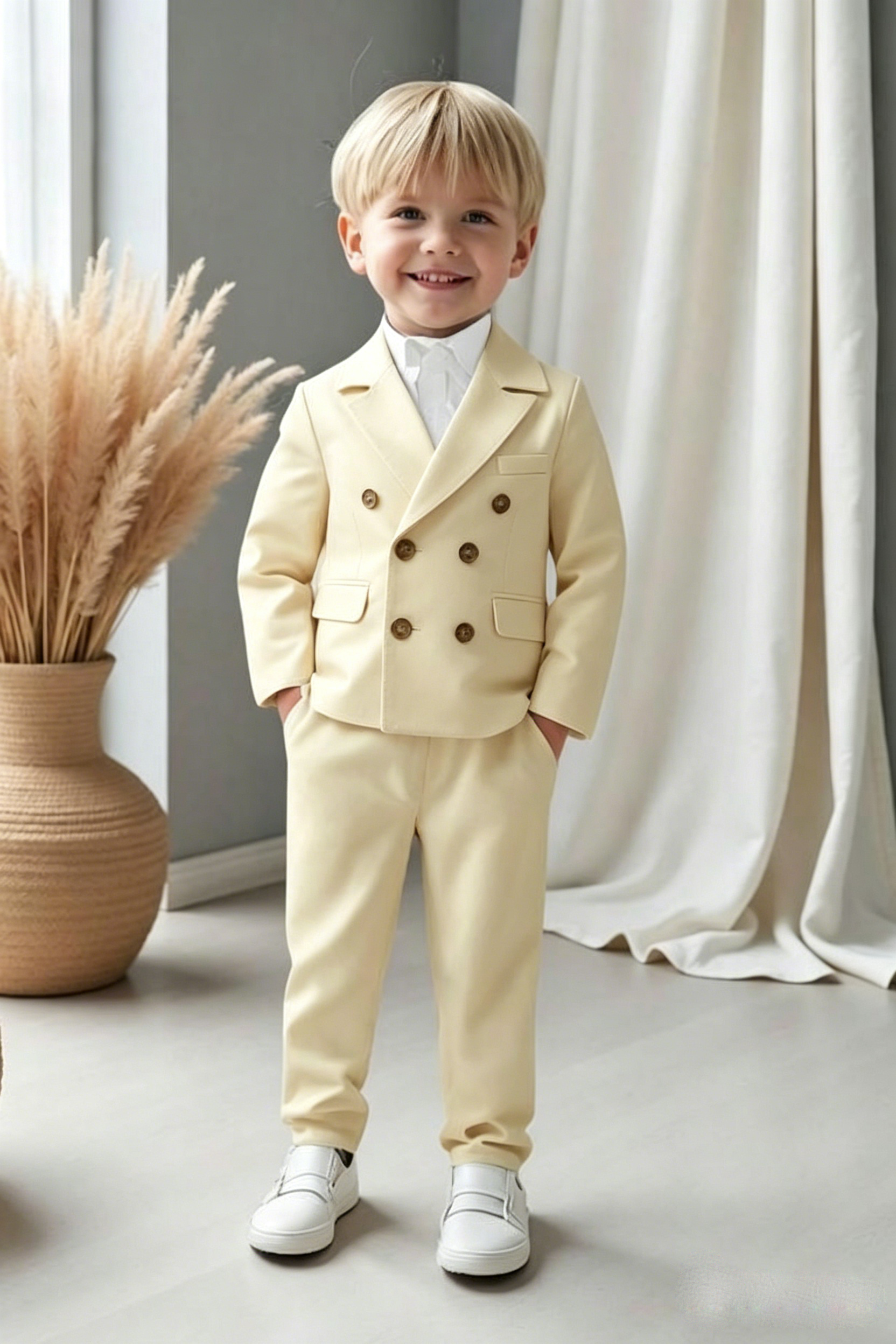 Pale Yellow Serge‑Blend Double‑Breasted Formal 2‑Piece Suit